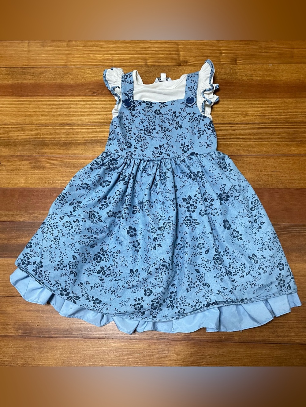 Pippa & Julie Blue Floral Pinafore Dress with White Ruffle Sleeves Size 6